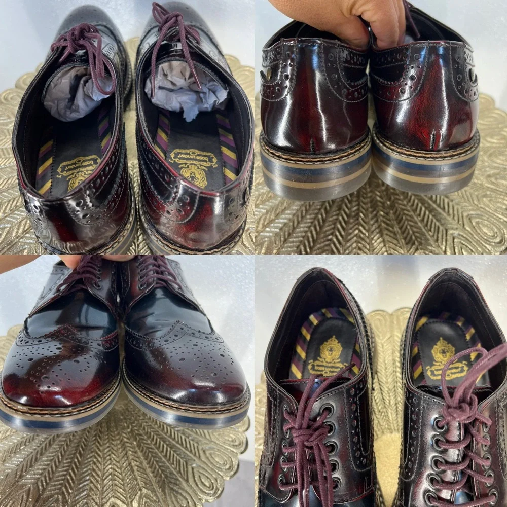 Base London Men’s Leather Brogue Wingtip Oxford Dress Shoes Burgundy‎